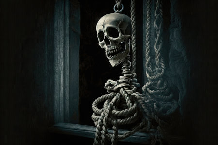 ghost skeleton, hanging from noose by its own neck, in dark and mysterious scene, created with generative aiの素材