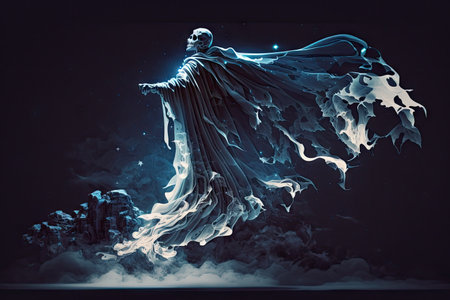 ghost skeleton flying through the night sky, its cloak fluttering in the wind, created with generative aiの素材