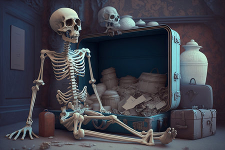 ghost skeleton clinging to its earthly belongings, refusing to part with them, created with generative aiの素材