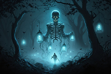 ghost skeleton floating through misty forest, with the glow of lanterns in the distance, created with generative aiの素材