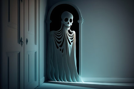 ghost skeleton hiding in the shadows, peeking around the corner, created with generative aiの素材