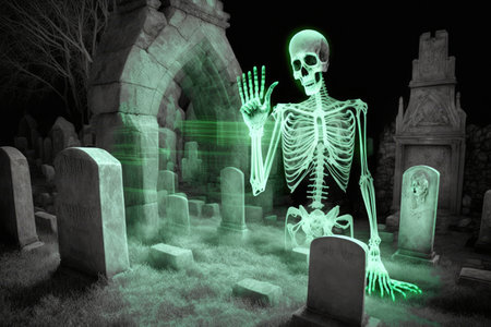 ghost skeleton with glowing eyes and bony hand reaching out from beyond the grave, created with generative aiの素材