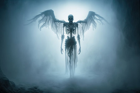 ghostly skeleton floating in the air, surrounded by mist and eerie light, created with generative aiの素材