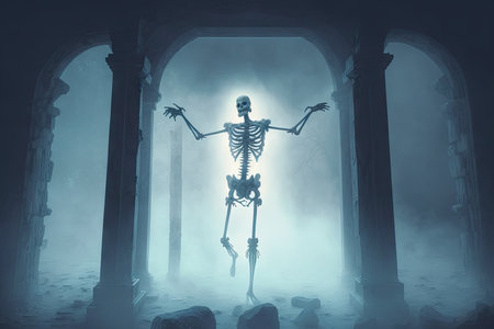 ghostly skeleton floating in the air, surrounded by mist and eerie light, created with generative aiの素材