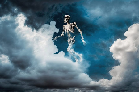 ghost skeleton floating among clouds, with dramatic background sky, created with generative aiの素材