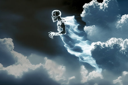 ghost skeleton floating among clouds, with dramatic background sky, created with generative aiの素材
