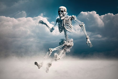 ghost skeleton floating in mid-air, with misty clouds surrounding it, created with generative aiの素材