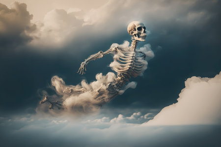 ghost skeleton floating in mid-air, with misty clouds surrounding it, created with generative aiの素材