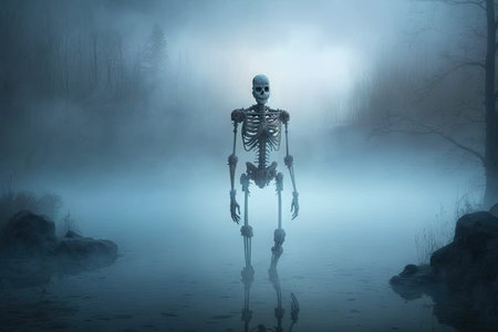 ghost skeleton floating in the mist, surrounded by eerie atmosphere, created with generative aiの素材