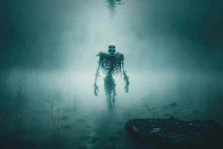 ghost skeleton floating in the mist, surrounded by eerie atmosphere, created with generative aiの素材