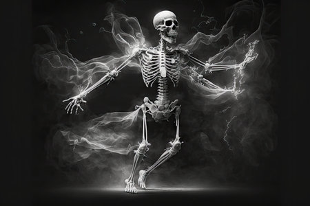ghost skeleton, with its bones floating in the air, and a black mist surrounding it, created with generative aiの素材