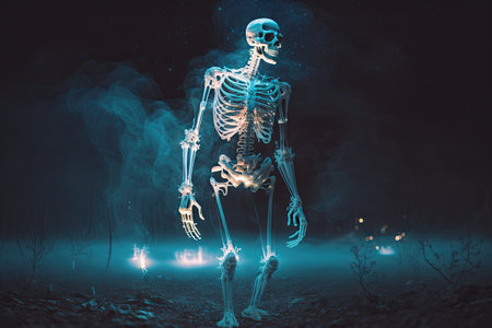 ghost skeleton, surrounded by translucent mist and ethereal glow, floating through the night sky, created with generative aiの素材