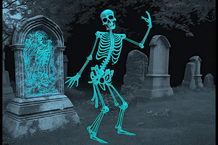 ghost skeleton dancing to lively music in gloomy graveyard, created with generative aiの素材