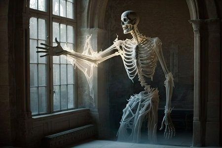 ghost skeleton reaching out to touch its past life, or the lives of those it touched, created with generative aiの素材