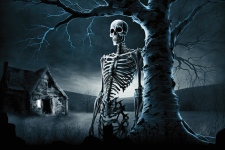 ghost skeleton, lurking in the shadows of a dark and stormy night, created with generative aiの素材