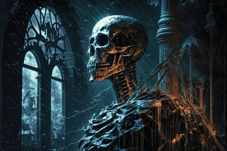 ghost skeleton, lurking in the shadows of a dark and stormy night, created with generative aiの素材