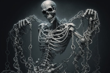 ghost skeleton with chains binding it to the earthly realm, created with generative aiの素材