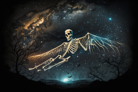 ghost skeleton flying through the night sky, surrounded by starry skies, created with generative aiの素材