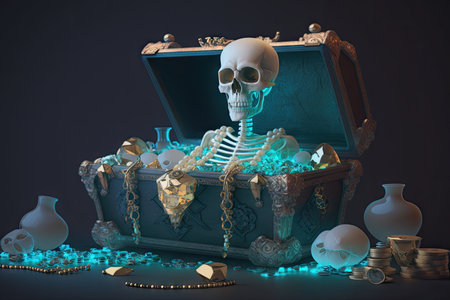ghost skeleton hovering over treasure chest, with jewels and coins spilling out, created with generative aiの素材