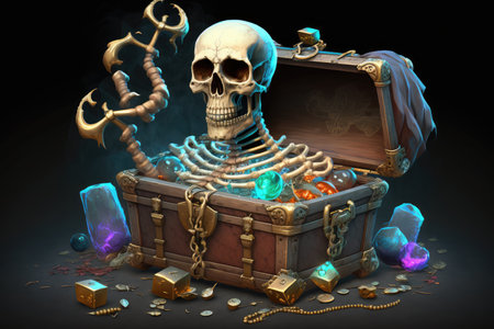 ghost skeleton hovering over treasure chest, with jewels and coins spilling out, created with generative aiの素材