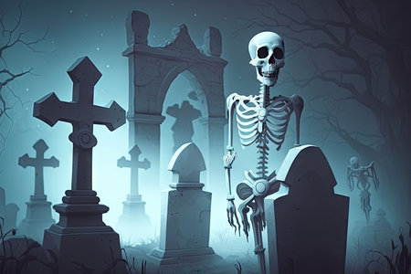 ghost skeleton floating above misty graveyard, with gravestones in the background, created with generative aiの素材
