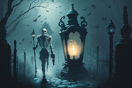ghost skeleton walking through misty graveyard, with lantern in hand, created with generative aiの素材