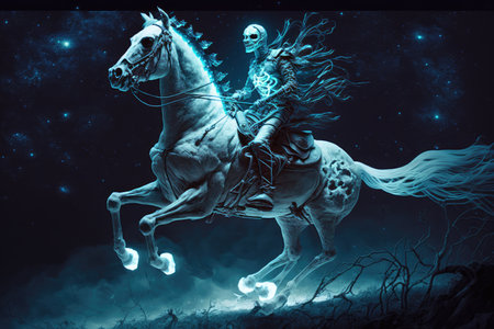 ghost skeleton riding a spectral steed, galloping through the night sky, created with generative aiの素材