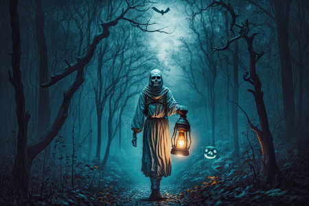 ghost skeleton holding lantern in dark and spooky forest, created with generative aiの素材