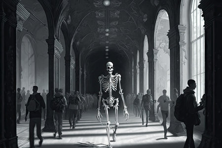 ghost skeleton walking down crowded hall, with its bones rattling, created with generative aiの素材