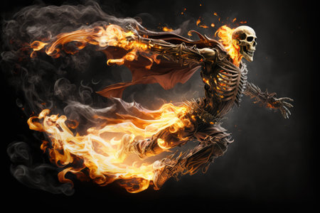 ghost skeleton flying through the air, surrounded by flames, created with generative aiの素材