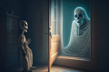 scary ghost skeleton sneaking up on unsuspecting victim, ready to scare and surprise, created with generative aiの素材