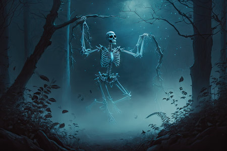 ghost skeleton floating through misty forest, with moonlight shining down, created with generative aiの素材