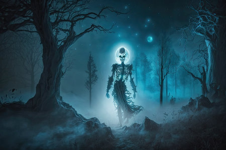 ghost skeleton floating through misty forest, with moonlight shining down, created with generative aiの素材