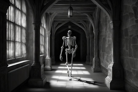 ghostly skeleton, roaming the halls of old castle, bringing with it a sense of foreboding and danger, created with generative aiの素材