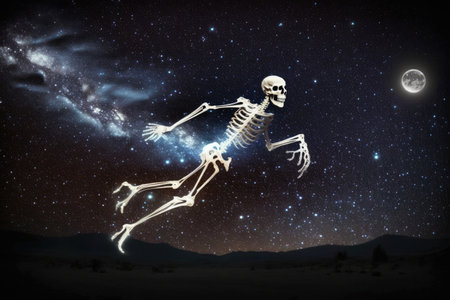 ghost skeleton flying through the night sky, with stars shining in the background, created with generative aiの素材