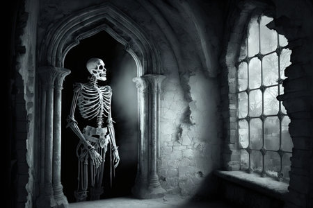 ghostly skeleton, whispering secrets in a musty dungeon, created with generative aiの素材