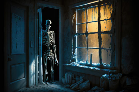 ghost skeleton, hiding in the shadows, in spooky old house, created with generative aiの素材