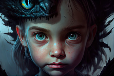 close-up of girls face, with funny monster visible in the background, created with generative aiの素材