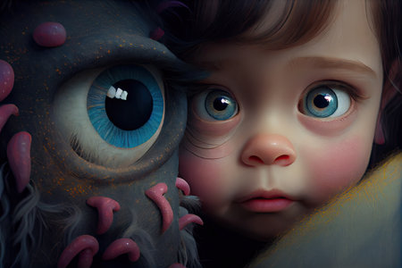 close-up of girls face, with cute and funny monster in the background, created with generative aiの素材