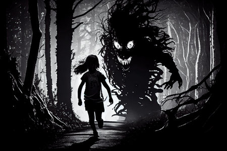 girl, running from monster in dark and scary forest, created with generative aiの素材