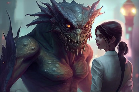 ridiculous and terrifying monster, who desperately tries to impress beautiful girl with his good looks, created with generative aiの素材