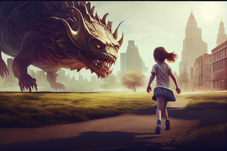 girl, running from monster through park, with view of the city in the background, created with generative aiの素材