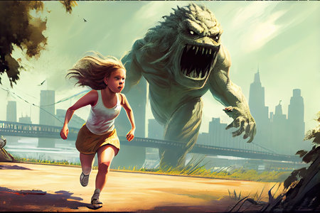 girl, running from monster through park, with view of the city in the background, created with generative aiの素材