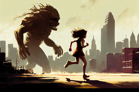 girl, running from monster, with view of distant city skyline visible in the background, created with generative aiの素材