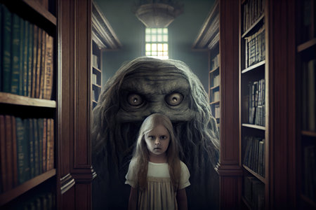 girl, hiding from monster behind bookshelf, in dusty old library, created with generative aiの素材