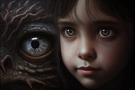 close-up of girls face, with monster in the background, created with generative aiの素材