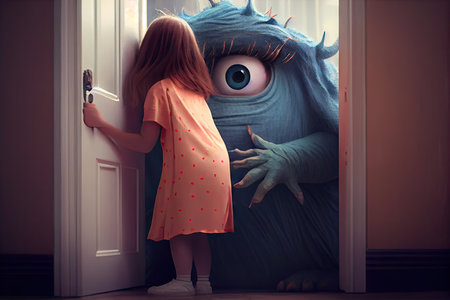 girl and funny monster playing hide-and-seek, with monster hiding behind the girls back, created with generative aiの素材