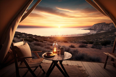 glamping setup with a view of the sunset over the ocean, created with generative aiの素材