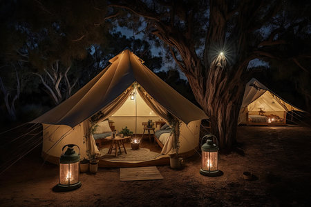 glamping setup with solar lights and lanterns, surrounded by tall trees, created with generative aiの素材