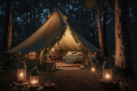 glamping setup with solar lights and lanterns, surrounded by tall trees, created with generative aiの素材